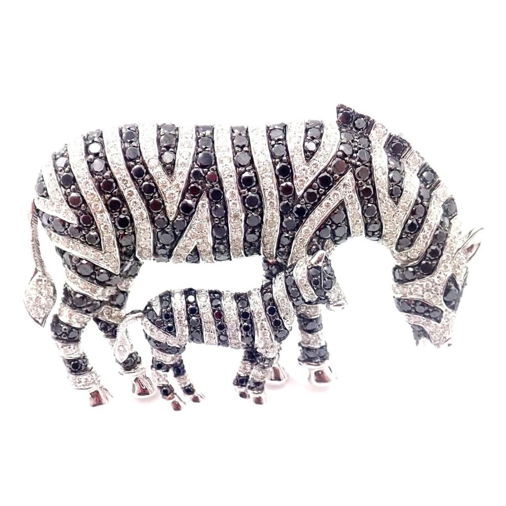 Authentic! Michele Della Valle 18k White Gold White & Black Diamond Zebra Brooch